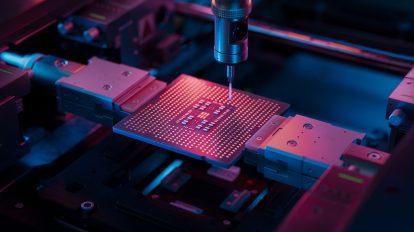 Advanced Microchip illuminated with Red Light in Industrial Environment. Computer Chip on Conveyor Line during Production and Packaging Process on Semiconductor Fab.